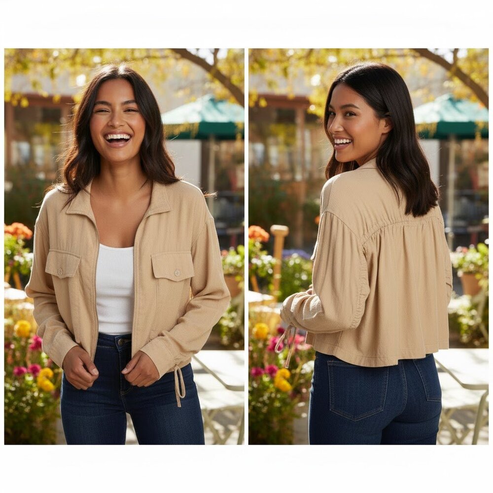BLANK NYC Women's Cropped Ruched Utility Tan Lightweight Jacket, Medium